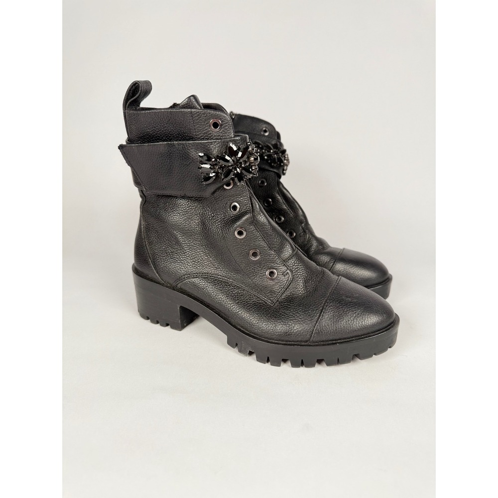 Karl Lagerfeld Paris Black Leather Crystal Embellished Combat Boots Prim 7.5M